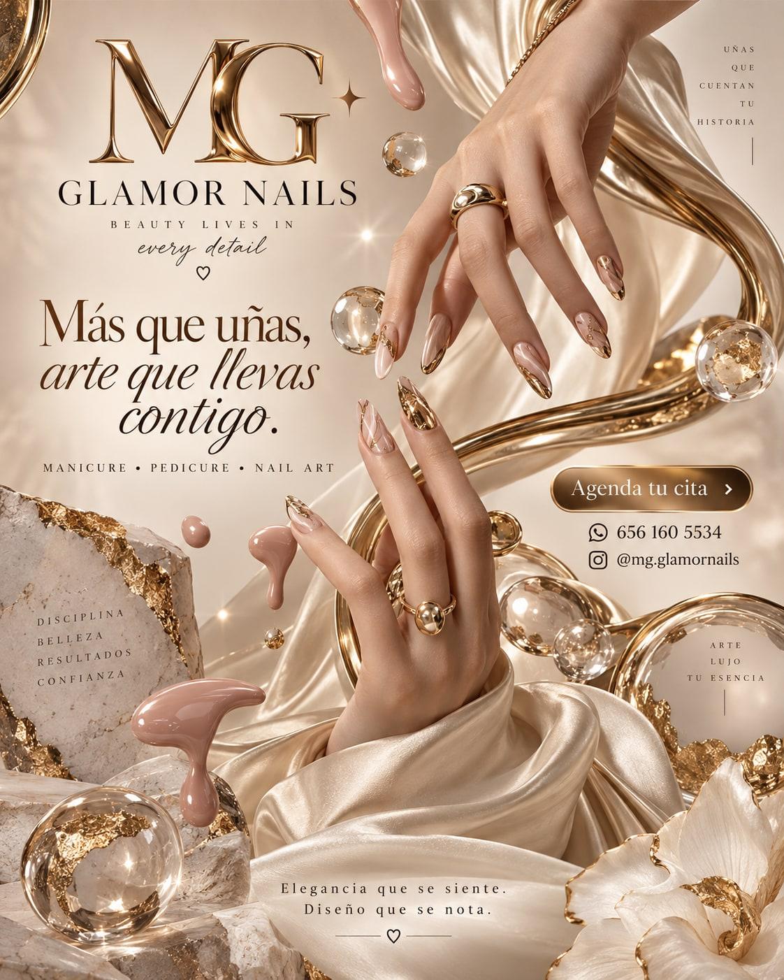 Más que uñas, arte que llevas contigo — manos con uñas doradas
